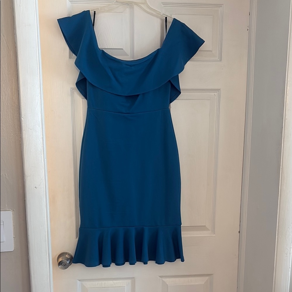 Lulu's Blue Ruffled Off-Shoulder Sheath Midi Dress